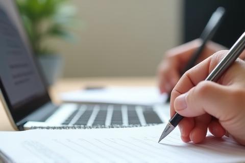 Person typing on a laptop, taking notes.