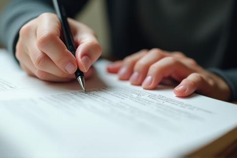 Close-up of hands writing in a notebook.